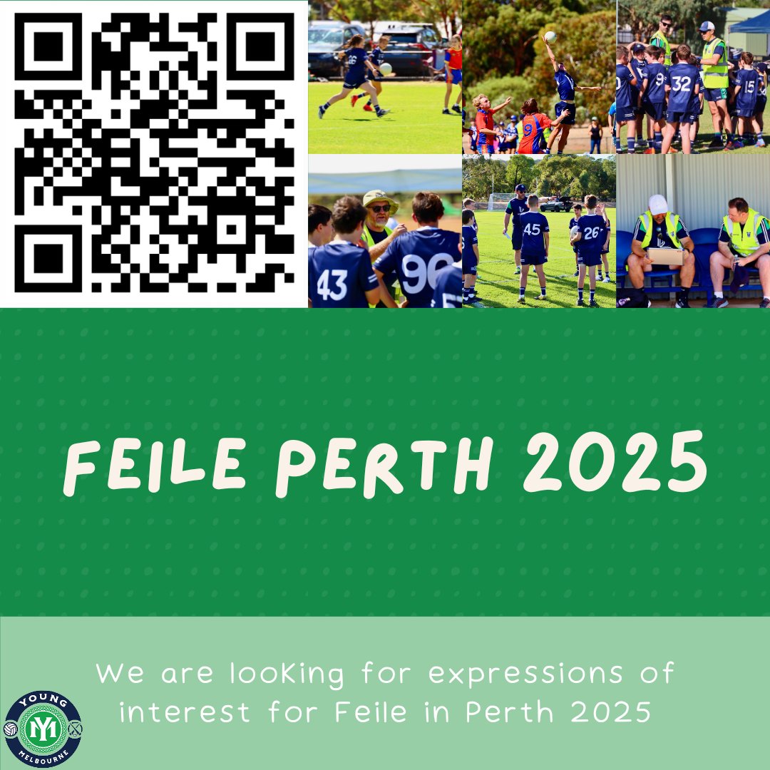 We are looking for expression of interest for the up coming Felie tournament in Perth 2025!

Scan the QR code or use the link below to submit your expression of interest!

forms.office.com/Pages/Response…

Young Melbourne GAA 💚💙
#KidsGAA #kidssport #melbournekids #youngmelbournegaa