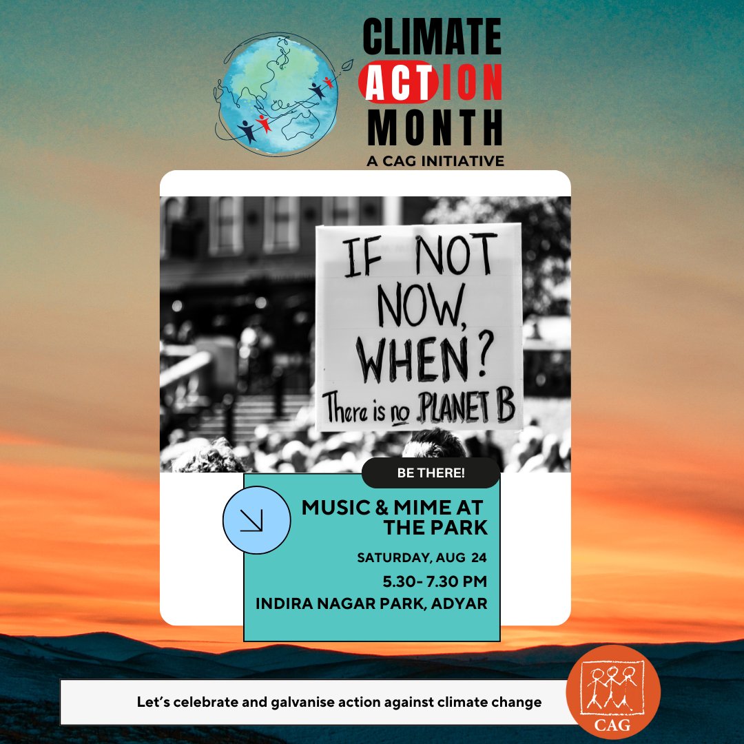 CAGChennai's tweet photo. Chennai, are you ready for the weekend? Join us for another exciting evening of music at the park! This time, we meet at Indra Nagar Park, Adyar to celebrate #ClimateActionMonth. Be There! @tnclimatechange
@poovulagu @Tnpcbofficial @ClimateReality @Warriormomsin https://t.co/Z8kjM7aRxV