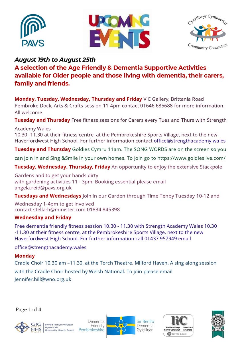 carerssupportww's tweet image. ** 19th -25th August **

A selection of the age friendly &amp;amp; dementia supportive activities available for older people and those living with dementia, their carers, family and friends in #Pembrokeshire 🤩

carerssupportwestwales.org/2024/08/pembro…