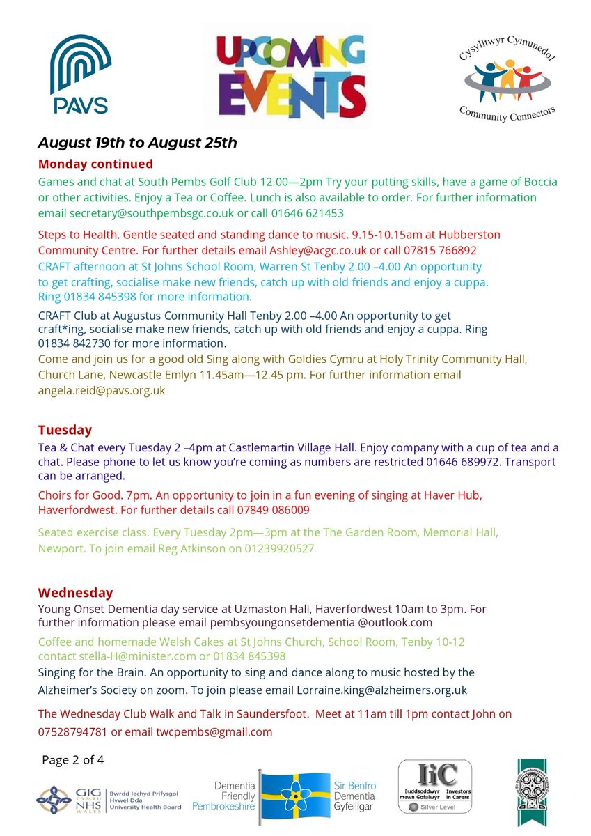 carerssupportww's tweet image. ** 19th -25th August **

A selection of the age friendly &amp;amp; dementia supportive activities available for older people and those living with dementia, their carers, family and friends in #Pembrokeshire 🤩

carerssupportwestwales.org/2024/08/pembro…