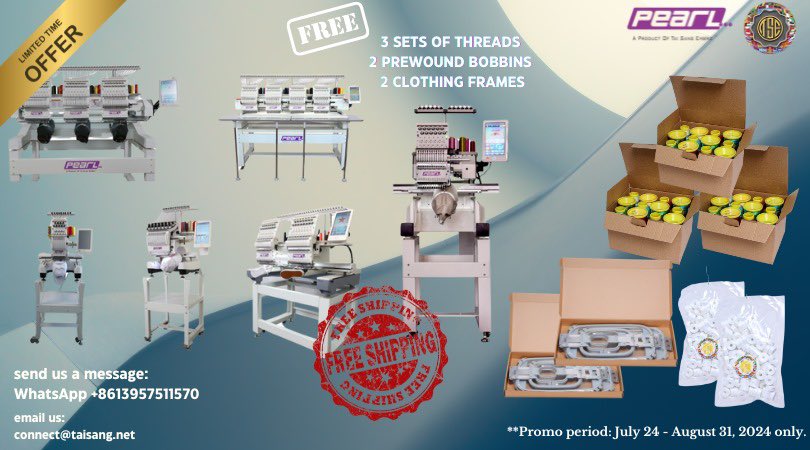taisangembroAS's tweet photo. Join us as we celebrate Tai Sang Embro’s 19 years in the embroidery machine business. As a means of saying “thank you” to our clients and supporters, we’re giving not just 1 but 3 sets of threads, 2 prewound bobbins and 2 clothing frames. Hurry! https://t.co/ZP7bWZ0eJj
