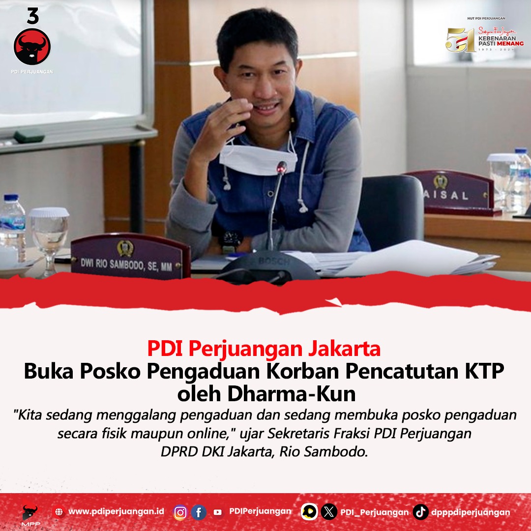 PDI_Perjuangan's tweet photo. PDI Perjuangan Jakarta Buka Posko Pengaduan Korban Pencatutan KTP oleh Dharma-Kun.

"Kita sedang menggalang pengaduan dan sedang membuka posko pengaduan secara fisik maupun online," ujar Sekretaris Fraksi PDI Perjuangan DPRD DKI Jakarta, Rio Sambodo, Sabtu (17/8/2024).

Rio, yang menyebut KTP miliknya juga dicatut, mengatakan akan mengadu kepada Bawaslu terkait temuan itu. Dia menilai pencatutan ini sudah meresahkan.

"Langkah pengaduan pasti akan ditempuh sebagai langkah untuk menjaga marwah demokrasi dalam perhelatan Pemilukada 2024 di Jakarta. Selain langkah dalam ranah DPRD kepada pihak terkait sebagai upaya menindaklanjuti keresahan warga yang namanya dicatut dan tercatut," katanya.

Rio meminta agar pasangan tersebut dinyatakan tidak memenuhi syarat sebagai calon independen di Pilgub DKI Jakarta. Diketahui, syarat menjadi calon independen adalah harus mendapat dukungan dari 618.968 warga Jakarta.

"Jika terbukti sengaja dan bersifat TSM (terstruktur, sistematis, dan masif), tentu harus ada tindakan yang salah satunya diskualifikasi," ujarnya.

#PDIPerjuangan
#MenangkanRakyat
#SatyamEvaJayate
#KebenaranPastiMenang
#SolidBergerak