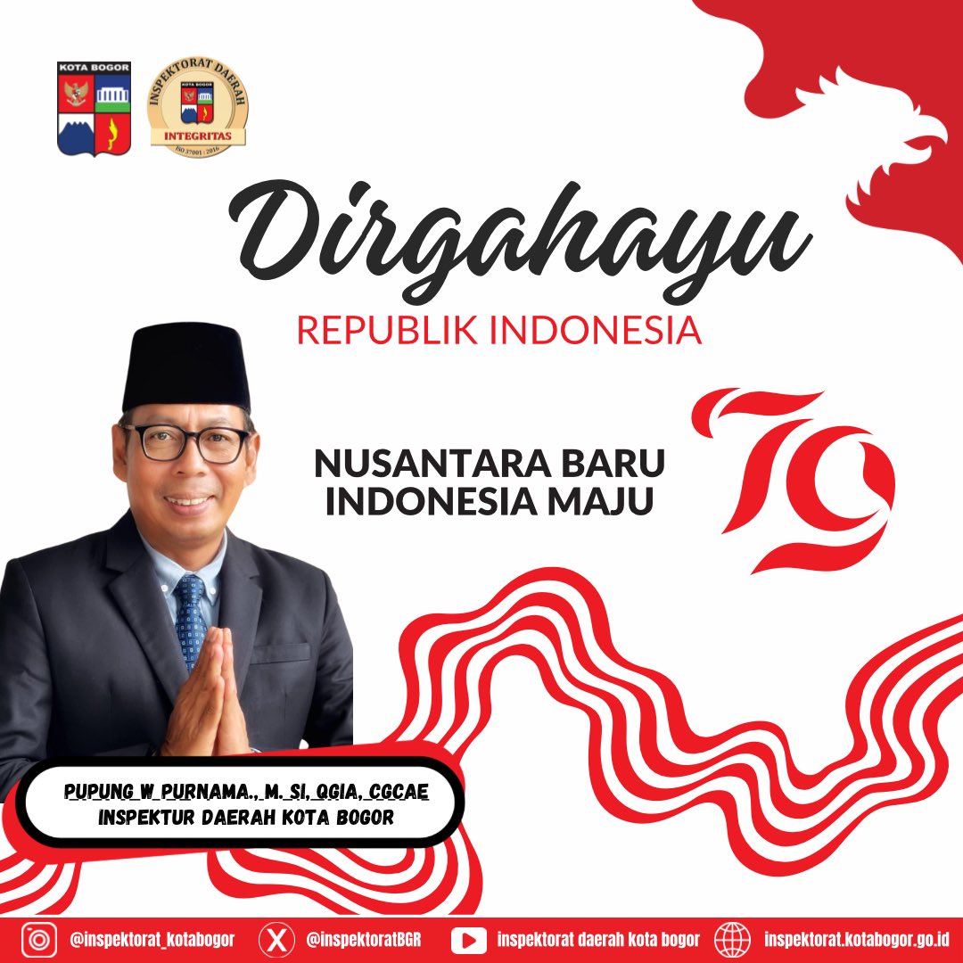 Inspektorat Daerah Kota Bogor mengucapkan 

DIRGAHAYU REPUBLIK INDONESIA KE-79
17 Agustus 1945 - 17 Agustus 2024 

NUSANTARA BARU 
INDONESIA MAJU 

#HUTRI #79 #NusantaraBaruIndonesiaMaju #InspektoratDaerah #InspektoratDaerahKotaBogor #KotaBogor #BogorBerlari