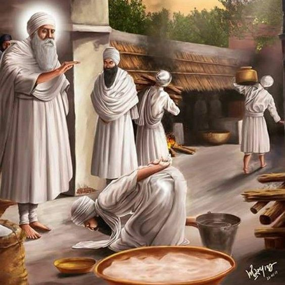 Sage1709's tweet photo. Does anyone know the story/sakhi behind this picture? 

Which Guru Saheb is this? 
Who is the guy bowing his head in front of the Guru Saheb?
Why he is having his hands behind his back? and 
Where this tradition is still followed by who?

Try guessing, I will share the story tomorrow :)
