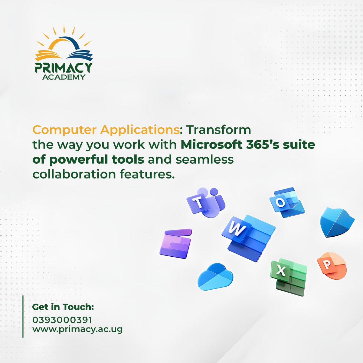 PrimacyUg's tweet image. Enhance your productivity with Primacy Academy’s Computer Applications course featuring Microsoft 365! Get in touch: 0393000391 
primacy.ac.ug
#primacy #microsoft #monday
