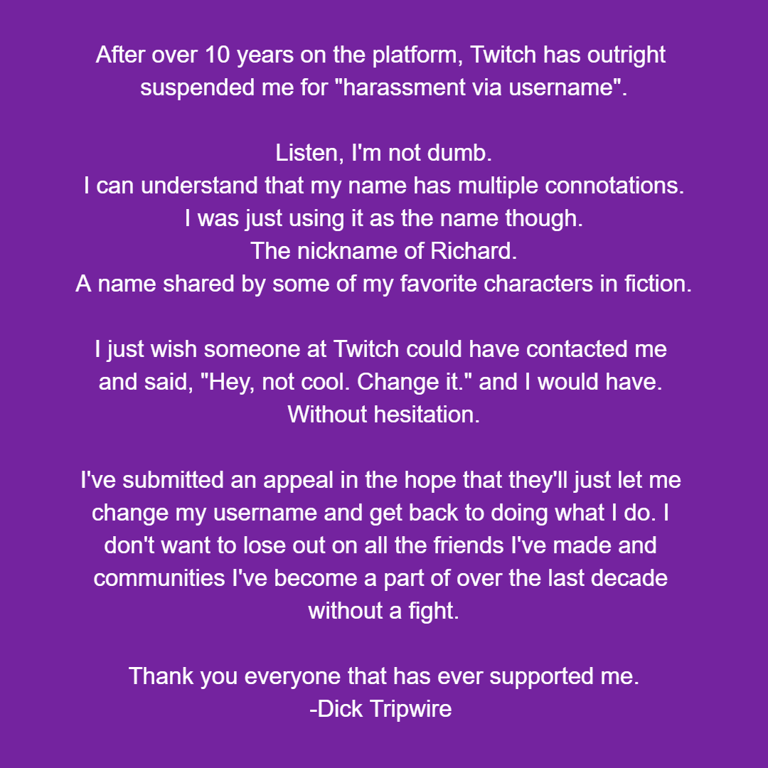 DickTripwire's tweet photo. To anyone that has enjoyed my streams, had fun playing games with me, or had an enjoyable interaction with me in a chat. Please help me by showing your support. Thank you. 🐢🤖

@TwitchSupport please contact me to help resolve this. https://t.co/GgwnZEnrOV