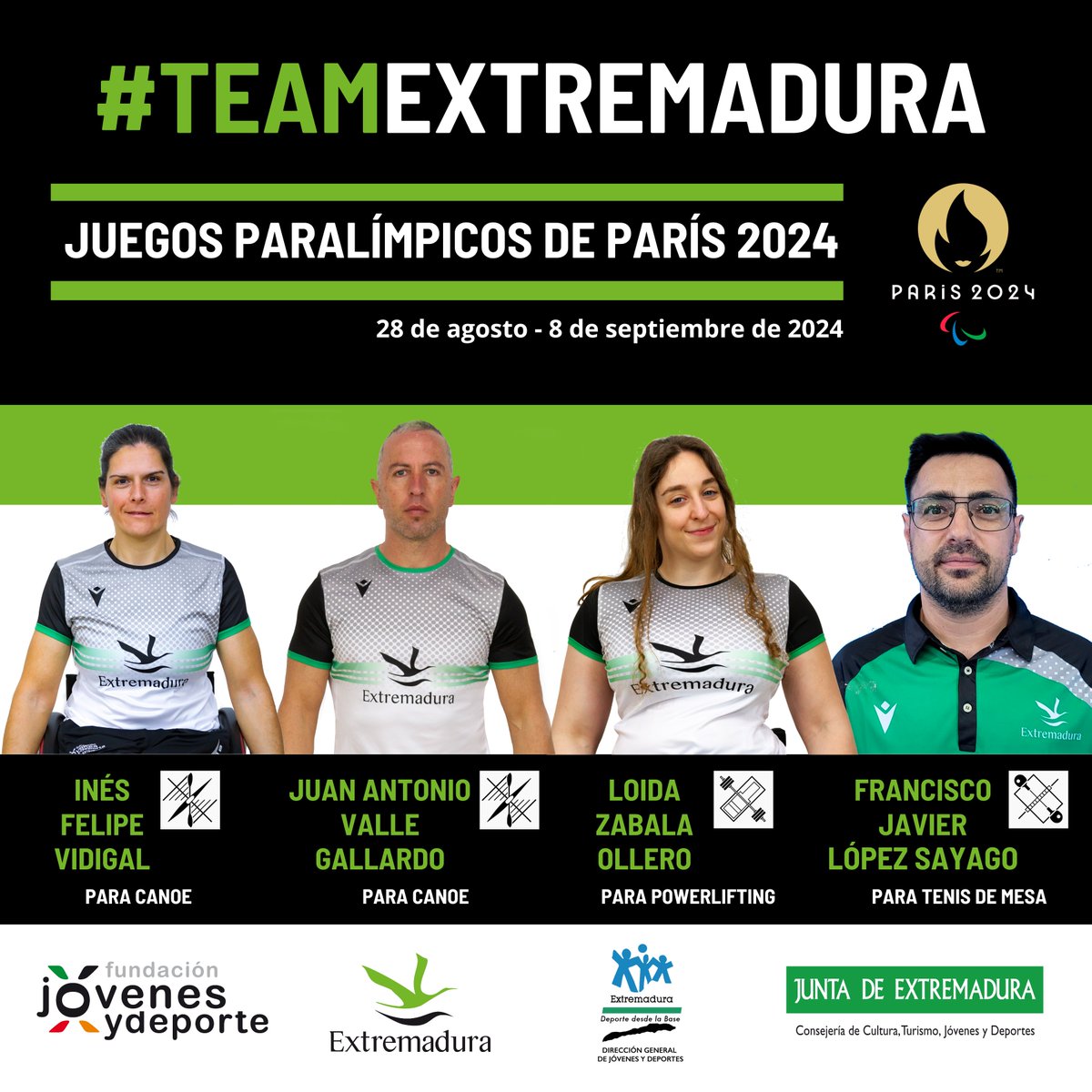 FJyD's tweet photo. Este es el equipo de deportistas de Extremadura que estarán presente en los Juegos Paralímpicos de París 2024:

Inés Felipe Vidigal🚣‍♀️
Juan Antonio Valle Gallardo🚣
Loida Zabala Ollero🏋️‍♀️
Fco. Javier Lopez Sayago🏓

Del 28 de agosto al 8 de septiembre💚🤍🖤

#teamextremadura #JJPP https://t.co/Jh0tLYyF8T