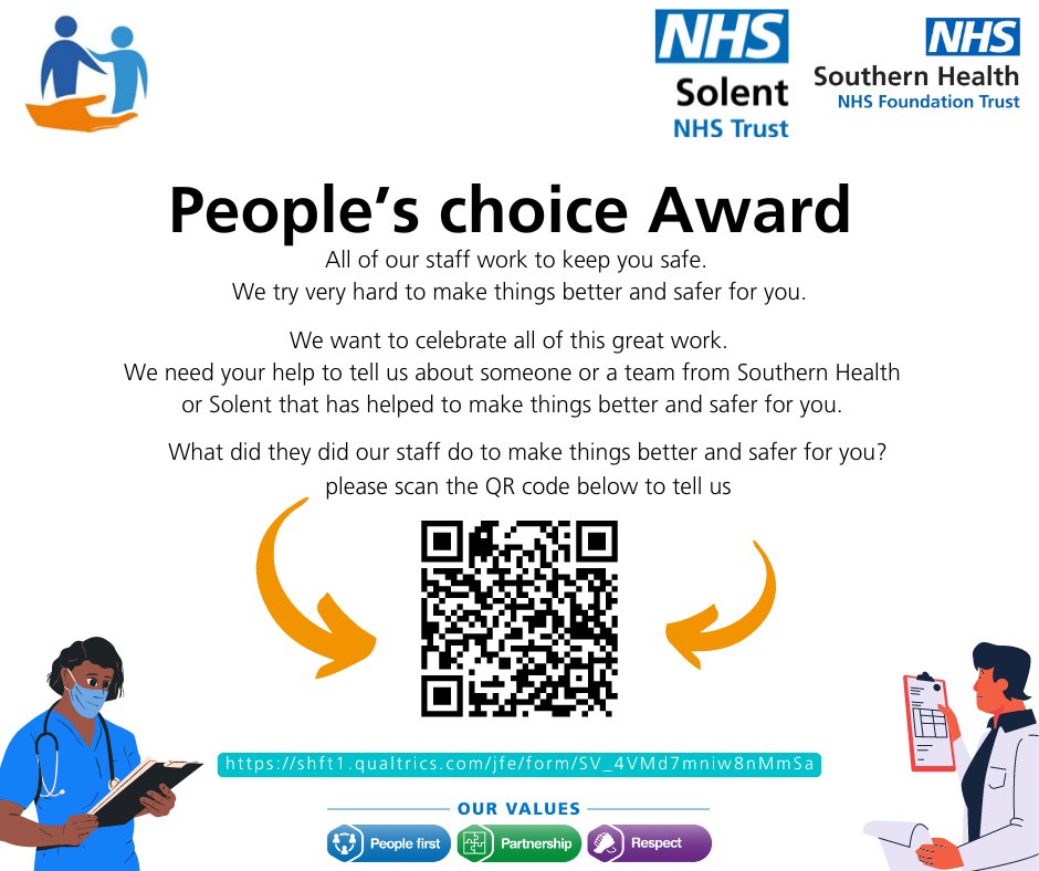 People Choice Award for #Patientsafety
Has a member of staff or a team @southern_nhsft or @solentnhstrust done something that has made things safer for you or someone you care for
please click here bit.ly/4csixgx 
#yourvoicematters #safe #peopleschoice