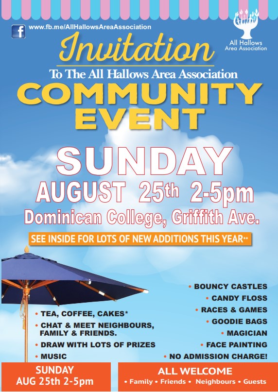We're delighted to confirm that this years Community Event is this Sunday Aug 25th from 2-5pm in Dominican College, Griffith Avenue
