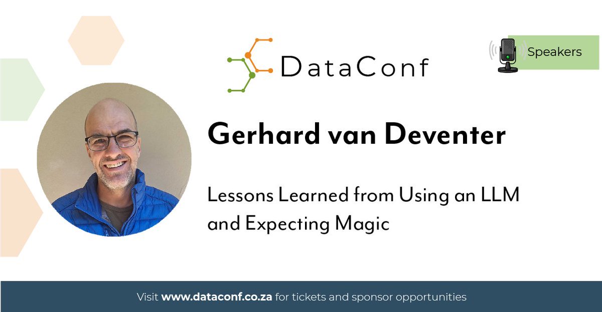 🎤 Come hear about some real experiences with LLMs from Gerhard Van Deventer! Get your tickets to #DataConfZA before they sell out: quicket.co.za/events/252855-…

Full agenda here: dataconf.co.za/agenda2024.html

Will we see you there?

#data #DataCommunity #TechEvent #CapeTown