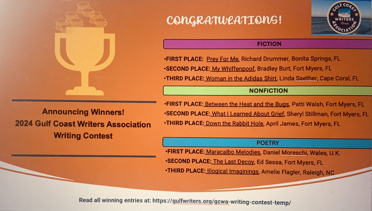 GCWA_SWFL's tweet image. CONGRATULATIONS to the winners of the 2024 Gulf Coast Writers Association Writing Contest! "It's a joy to honor these talented writers. They remind us of the persuasive power of words," shared GCWA President @MaryCharles97. Read award-winning stories at gulfwriters.org/gcwa-writing-c…