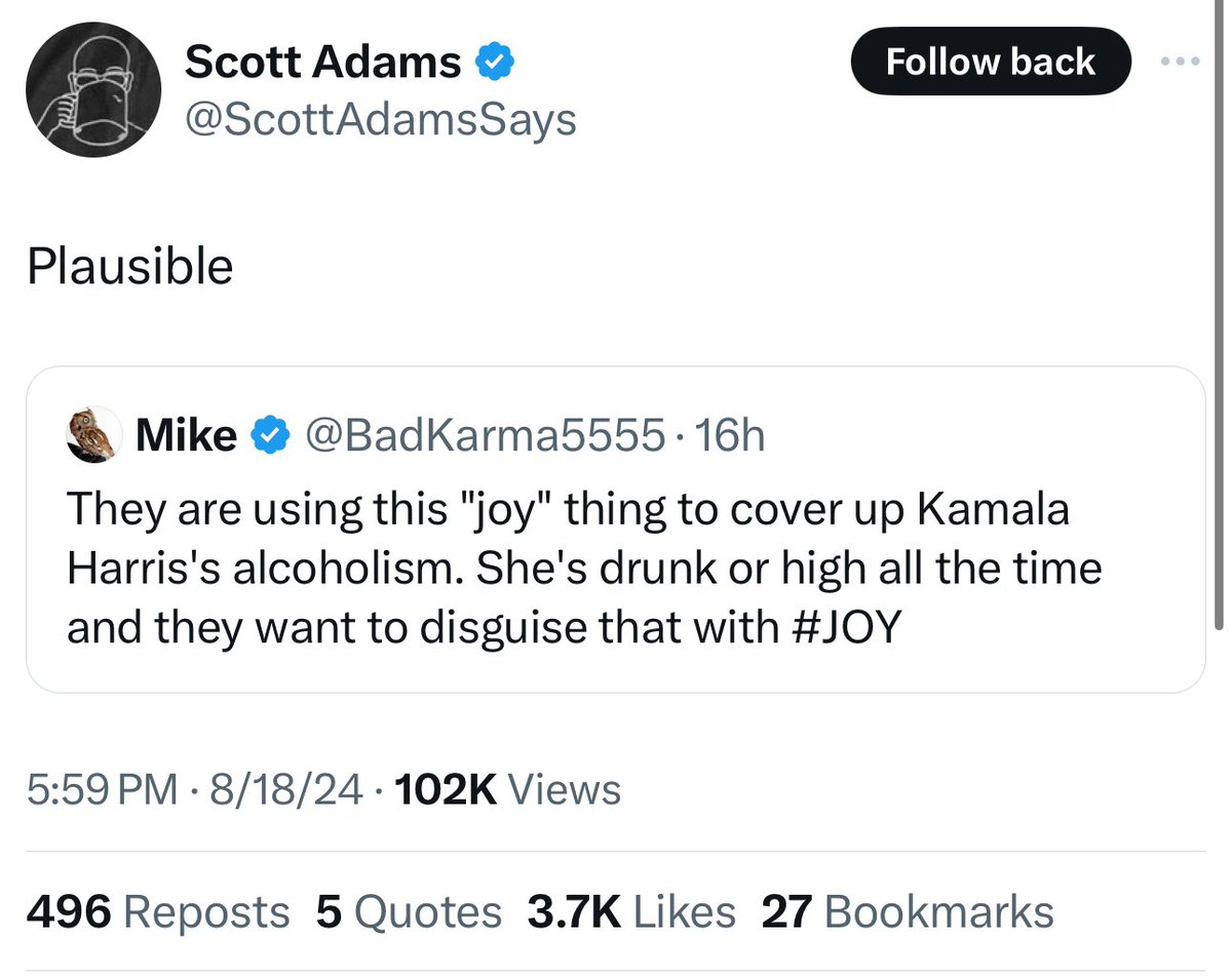 AlexBerenson's tweet photo. The “Kamala is a drunk” thing is the latest sign the right has lost its mind…

Look, I get it. The media gaslit all of us about @JoeBiden’s obvious cognitive decline. But that doesn’t mean making up stuff about @KamalaHarris will work. It makes you look crazy and mean. https://t.co/udrgcDMDQw