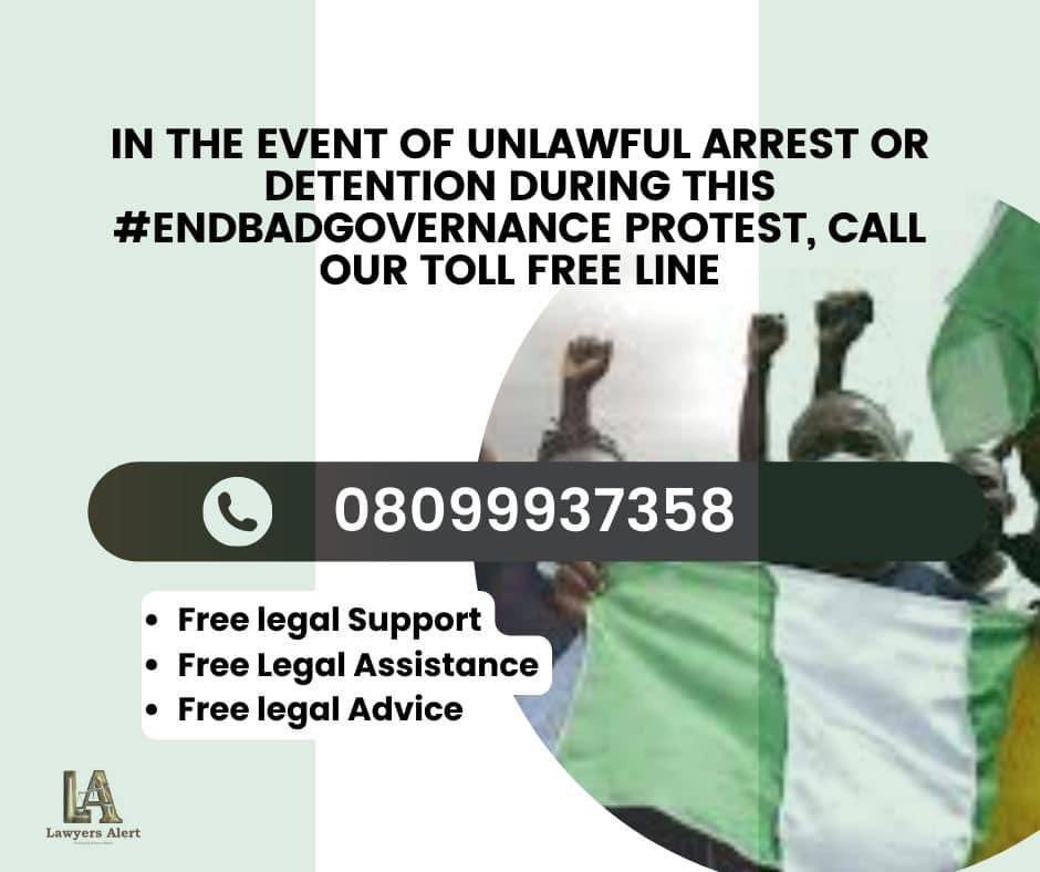 Were you or someone you know unlawfully arrested or detained during the #EndBadGovernance protest?

Call our toll-free helpline at 08099937358 for free legal support.

Your right to peaceful assembly is a fundamental human right! 
Share this number for prompt help and stay safe.