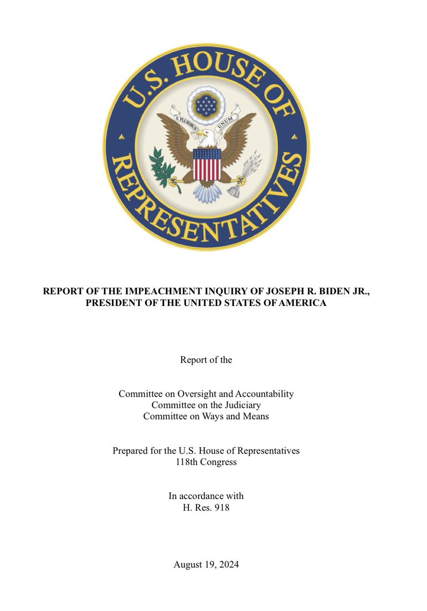 🚨 #NEWS: <a href="/JudiciaryGOP/">House Judiciary GOP 🇺🇸🇺🇸🇺🇸</a>, <a href="/GOPoversight/">Oversight Committee</a>, &amp; <a href="/WaysandMeansGOP/">Ways and Means Committee</a> release 300 page report showing Joe Biden committed IMPEACHABLE OFFENSES. 

“Our impeachment inquiry shows conclusively that Joe Biden abused his public office for the private financial benefit of the Biden family and
