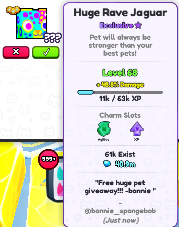 Der3_Al3arab's tweet photo. 🕺 Huge Rave Jaguar - Pet Simulator 99 Giveaway 🐯 

Requirements:
- Follow @Der3_Al3arab &amp; @bonniespongebob 👥 
- Like ❤ &amp; Retweet ♻ 
- Comment your Username 💬 

Ends in 2-3 Days! https://t.co/PVhVq3ygLy