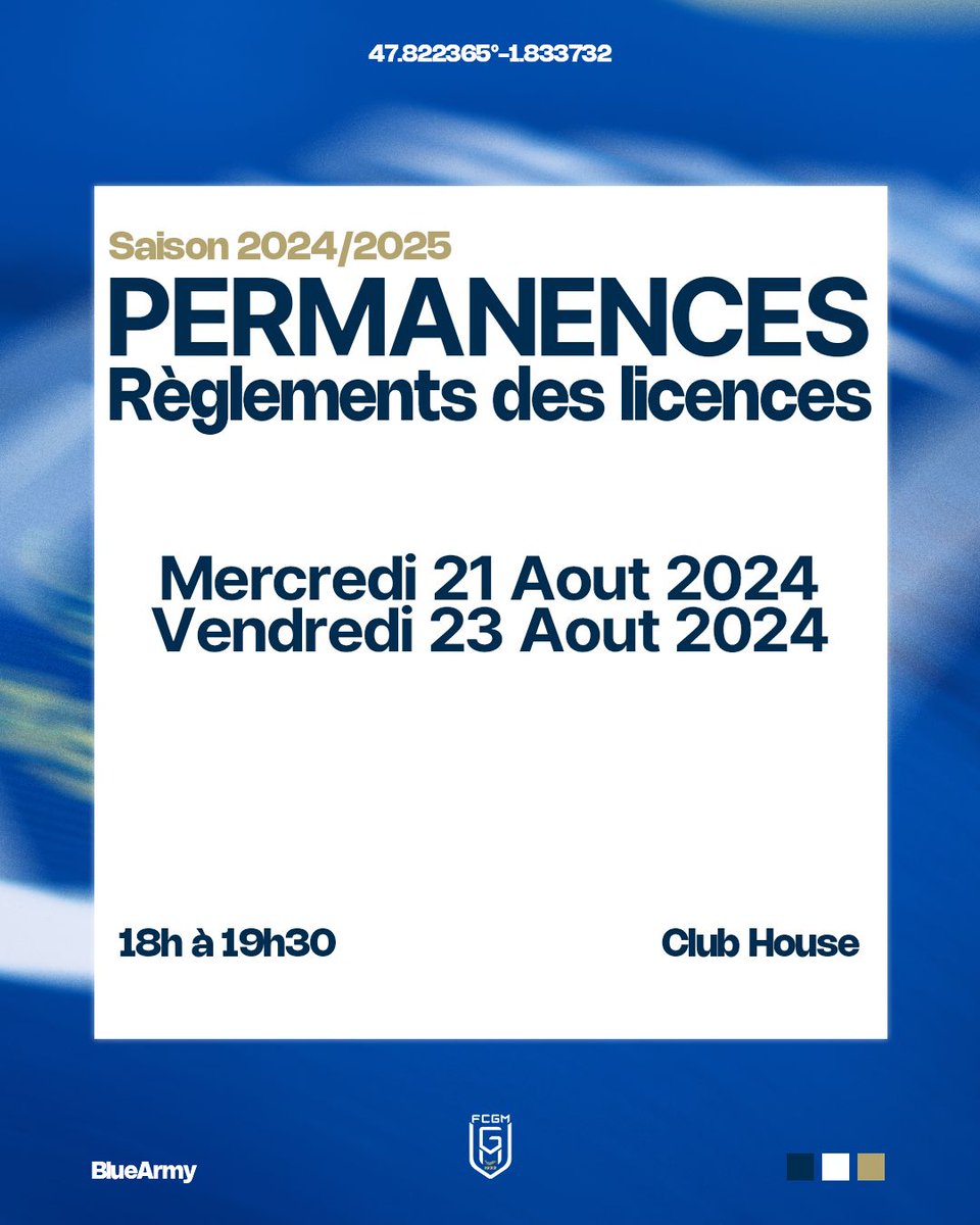 [𝑪𝒍𝒖𝒃] 𝑷𝒆𝒓𝒎𝒂𝒏𝒆𝒏𝒄𝒆𝒔 "𝑹è𝒈𝒍𝒆𝒎𝒆𝒏𝒕𝒔 𝒅𝒆𝒔 𝒍𝒊𝒄𝒆𝒏𝒄𝒆𝒔" 

Retrouvez-nous mercredi 21 août ainsi que vendredi 23 août, au 𝑪𝒍𝒖𝒃 𝑯𝒐𝒖𝒔𝒆 de 18h à 19h30 pour les derniers règlements de licences ! 

#𝐁𝐥𝐮𝐞𝐀𝐫𝐦𝐲