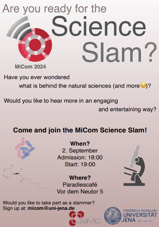 As the #MiCom2024 gets closer, we are thrilled to announce our social event on 02.09.24, including an open #scienceslam at the Paradiescafe Jena!

So spread the word!
Everybody is welcome!

<a href="/JSMC_Info/">JSMC</a> <a href="/UniJena/">Universität Jena</a>