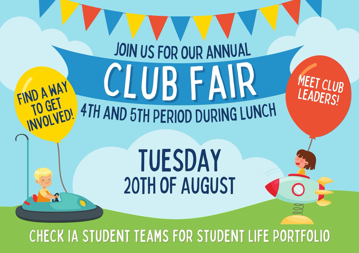 IAFultonSchools's tweet photo. Tomorrow. It's Happening... Club Fair 24-25. We have over 100 clubs and organizations on our campus. This will be your time to explore, ask questions, and meet club leaders. Check IA Student Teams to for all the details! @ia_kent @iaptso @FultonCoSchools #theIAway https://t.co/GZksxQxo3w