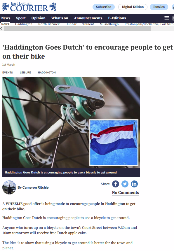 SpokesLothian's tweet photo. #Haddington goes #Dutch 

😍Thanks to enterprising Spokes members there's free Dutch #AppleCake if you arrive
- by🚲of course -
at Court St, Haddington
9.30-10am, first Saturday each month

PS: If that appeals, remember also our #CyclingAndSustenance comp->https://t.co/DrBBwjJlxS https://t.co/tAhGaKgfMR