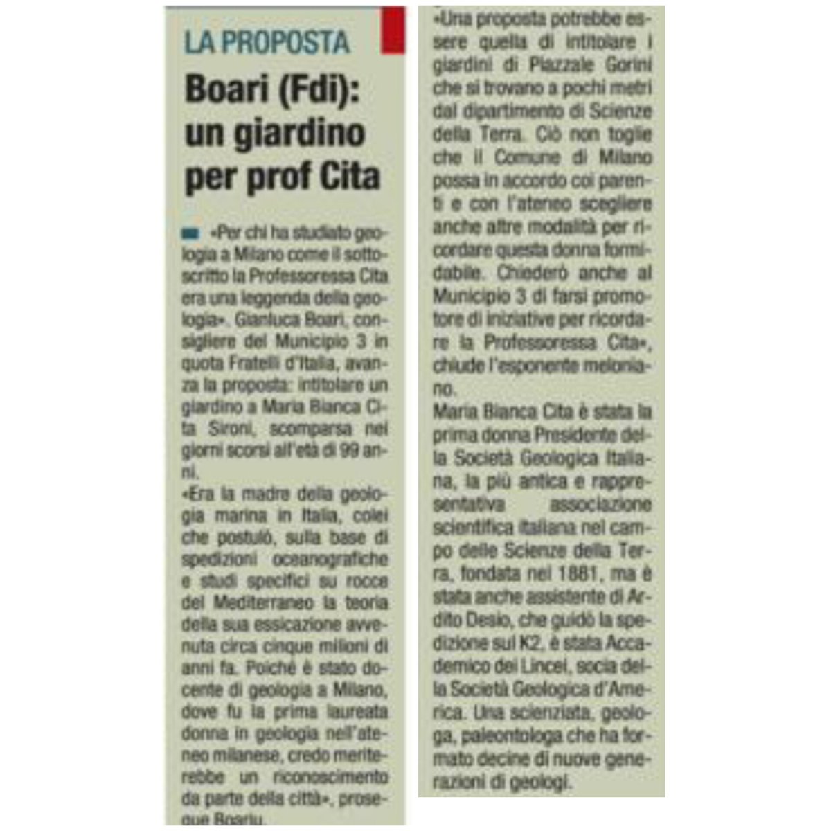 UN GIARDINO PER RICORDARE LA SIGNORA DEGLI ABISSI

19/08/2024
Inviata agli uffici comunali la mia proposta per ricordare la Professoressa Cita Sironi, geologa di fama mondiale e madre della geologia marina in Italia, deceduta il 12 agosto nella sua Milano.
