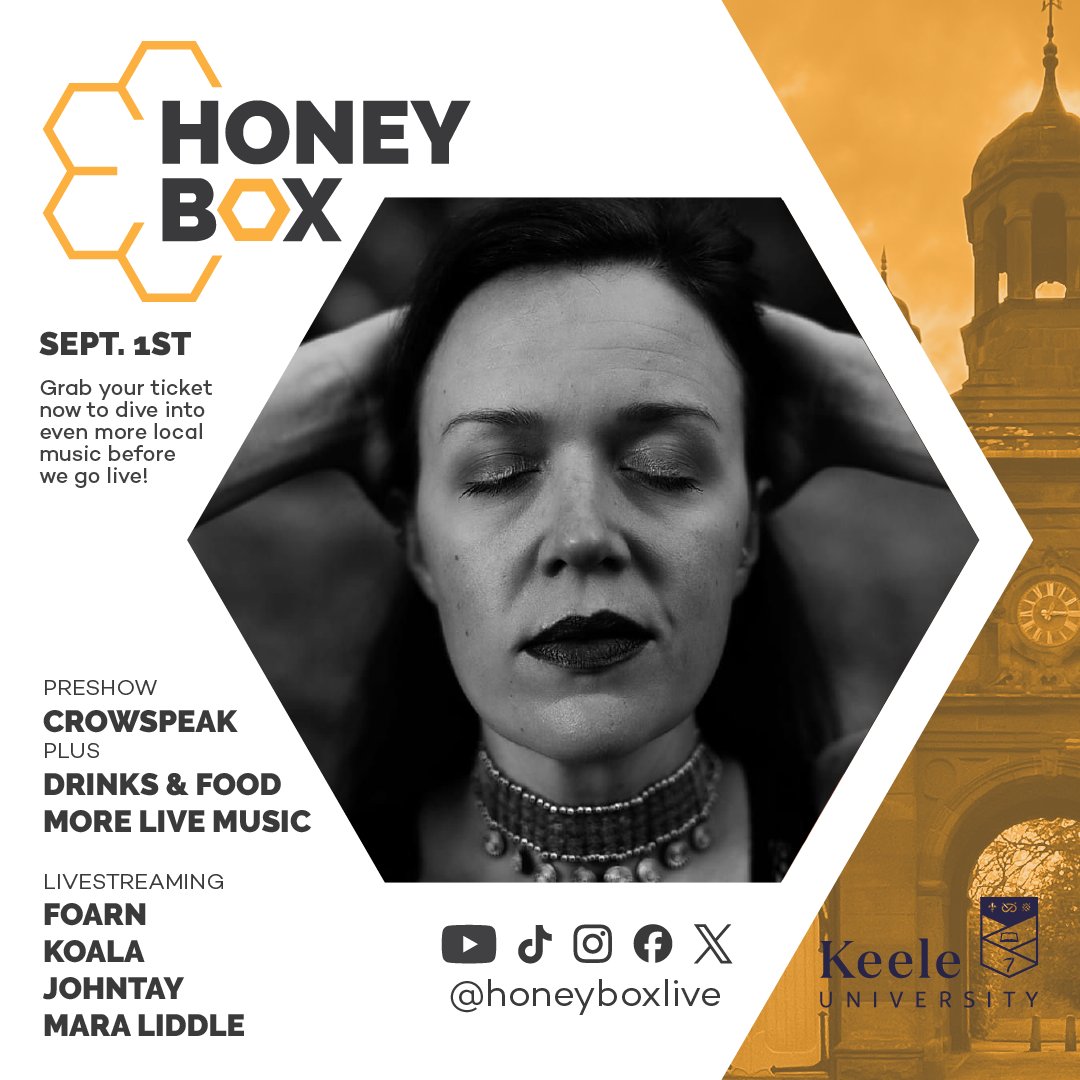 honeyboxlive (@honeyboxlive) on Twitter photo Join us for a huge live event at <a href="/KeeleUniversity/">Keele University 🐿️</a> with tons of great music and more being announced. Enjoy music from Foarn, Koala, Johntay and Mara Liddle, with Crowspeak amongst the pre-show line-up!
Stay tuned for more!
eventbrite.co.uk/e/honey-box-li… Join us for a huge live event at <a href="/KeeleUniversity/">Keele University 🐿️</a> with tons of great music and more being announced. Enjoy music from Foarn, Koala, Johntay and Mara Liddle, with Crowspeak amongst the pre-show line-up!
Stay tuned for more!
eventbrite.co.uk/e/honey-box-li…