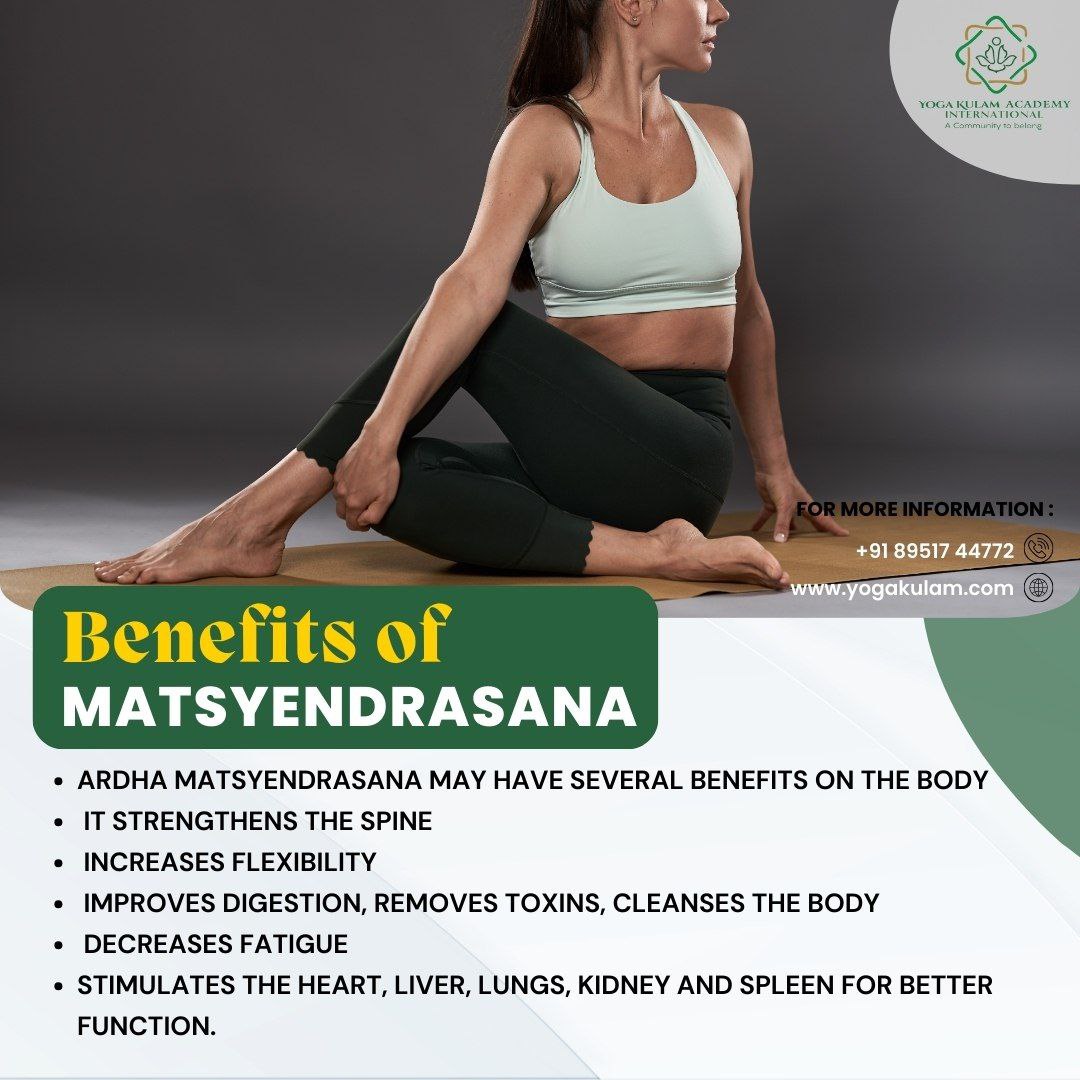 yogakulamintl's tweet image. Matsyendrasana, also known as Lord of the Fishes Pose or Spinal Twist Pose, is a seated twisting yoga posture that stretches the spine, shoulders, and hips while improving digestion and stimulating the internal organs. Here are some key advantages.

#Matsyendrasana #SpinalTwist