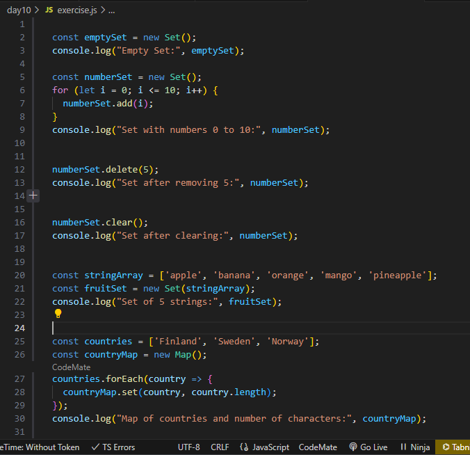 Sly_Softs's tweet photo. Day 36 of #100DaysOfCode: Explored Sets and Maps by diving into their creation, modification, and usage in JavaScript.

#30DaysOfJavaScript by @Asabeneh

#EnrollWithSTS @stechie_school https://t.co/okCr7PFa7E