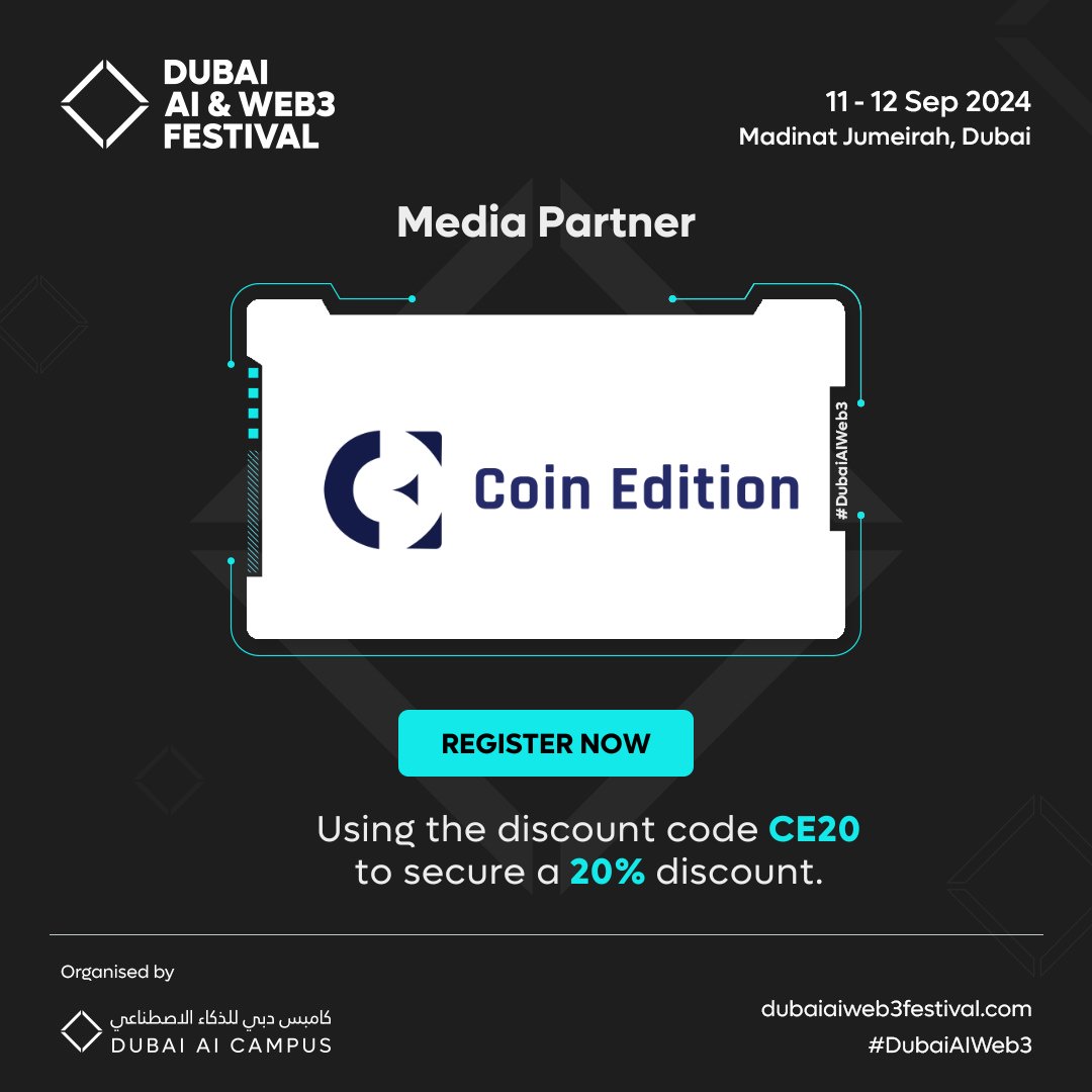 CoinEdition's tweet image. We’re thrilled to announce our media partnership with the Dubai AI and Web3 Festival 2024! 🌟
Dive into cutting-edge insights and the latest updates on blockchain,AI ,Fintech, and beyond.
Don’t miss out—use code 👉 CE20 to avail  20% discount on tickets.
#TechConvergence…