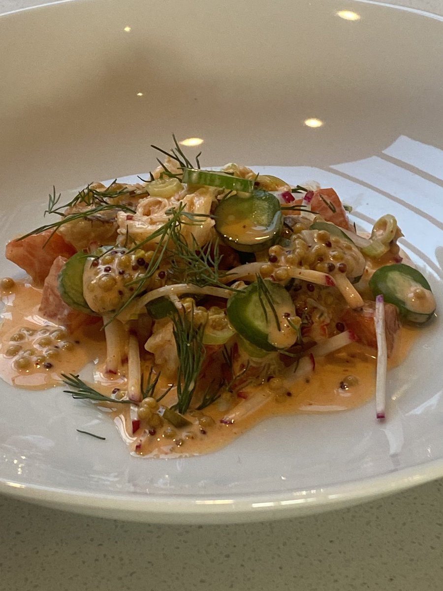 Sockeye salmon crudo, lump crab, baby cucumber, radishes, dill with ORIGINAL POP Mustard spicy aioli.