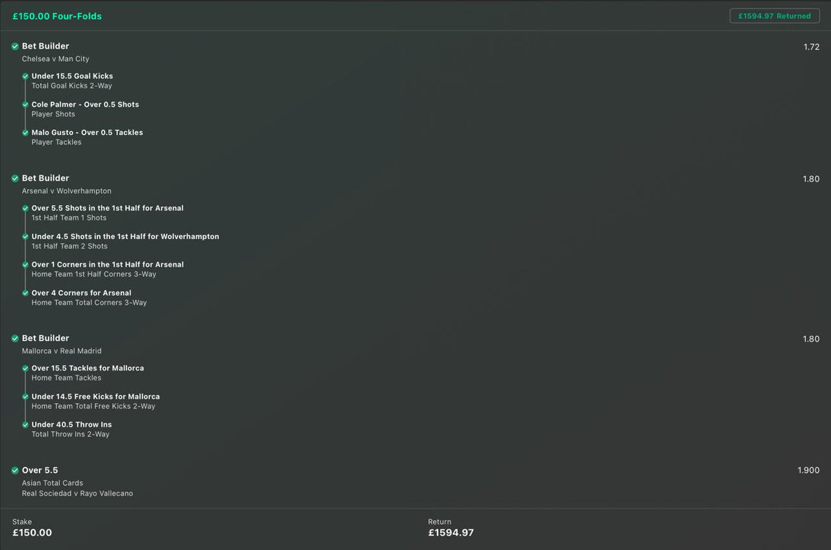 HarIeeyy's tweet image. a pretty strong start to the season💪🏻

3/3 on the free bets, and the Telegram lands this 11/1 tracked acca yesterday🙌🏻

50 RT’s and i’ll post this weekend’s acca on here later this week🤞🏻