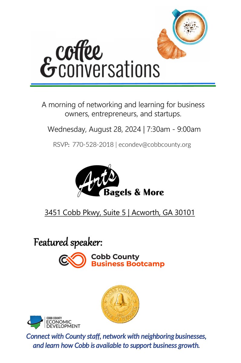 cobbcountygovt's tweet image. It’s going to be a brew-tiful morning at Coffee &amp;amp; Conversations with Cobb County Economic Development! ☕ Join us on Aug 28, 7:30-9 AM at Arts Bagel &amp;amp; More. Network &amp;amp; gain insights with Cobb County Business Bootcamp. RSVP: 770-528-2018 or econdev@cobbcounty.org

#Cobb #EcoDev