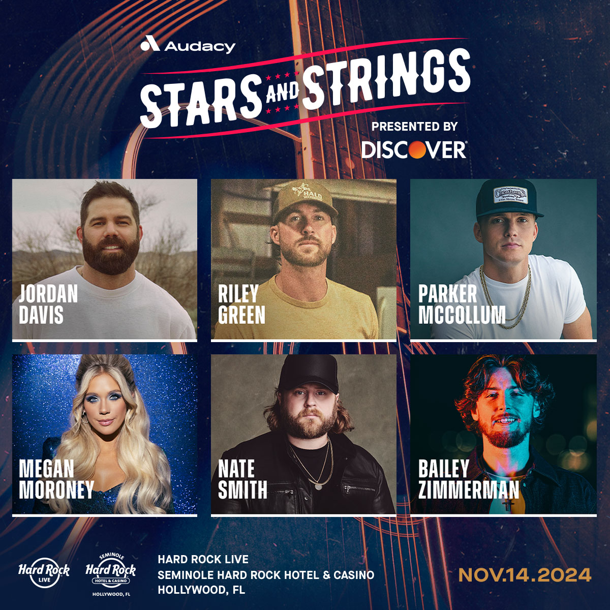 Audacy's #StarsAndStrings is BACK with performances by <a href="/JordanCWDavis/">Jordan Davis Music</a>, <a href="/RileyGreenMusic/">Riley Green</a>, <a href="/ParkerMcCollum/">Parker McCollum</a>, <a href="/_megmoroney/">Megan Moroney</a>, <a href="/natesmithsongs/">Nate Smith</a> + <a href="/baileyzimmerman/">⚡️Bailey Zimmerman⚡️</a> 🤠 

📆 Thu, 11/14
📍 <a href="/HardRockHolly/">Seminole Hard Rock Hollywood</a> 
🎫 Presale: 8/22 @ 10 AM ET | On sale: 8/23 @ 10 AM ET
🔗 auda.cy/SSTix2024