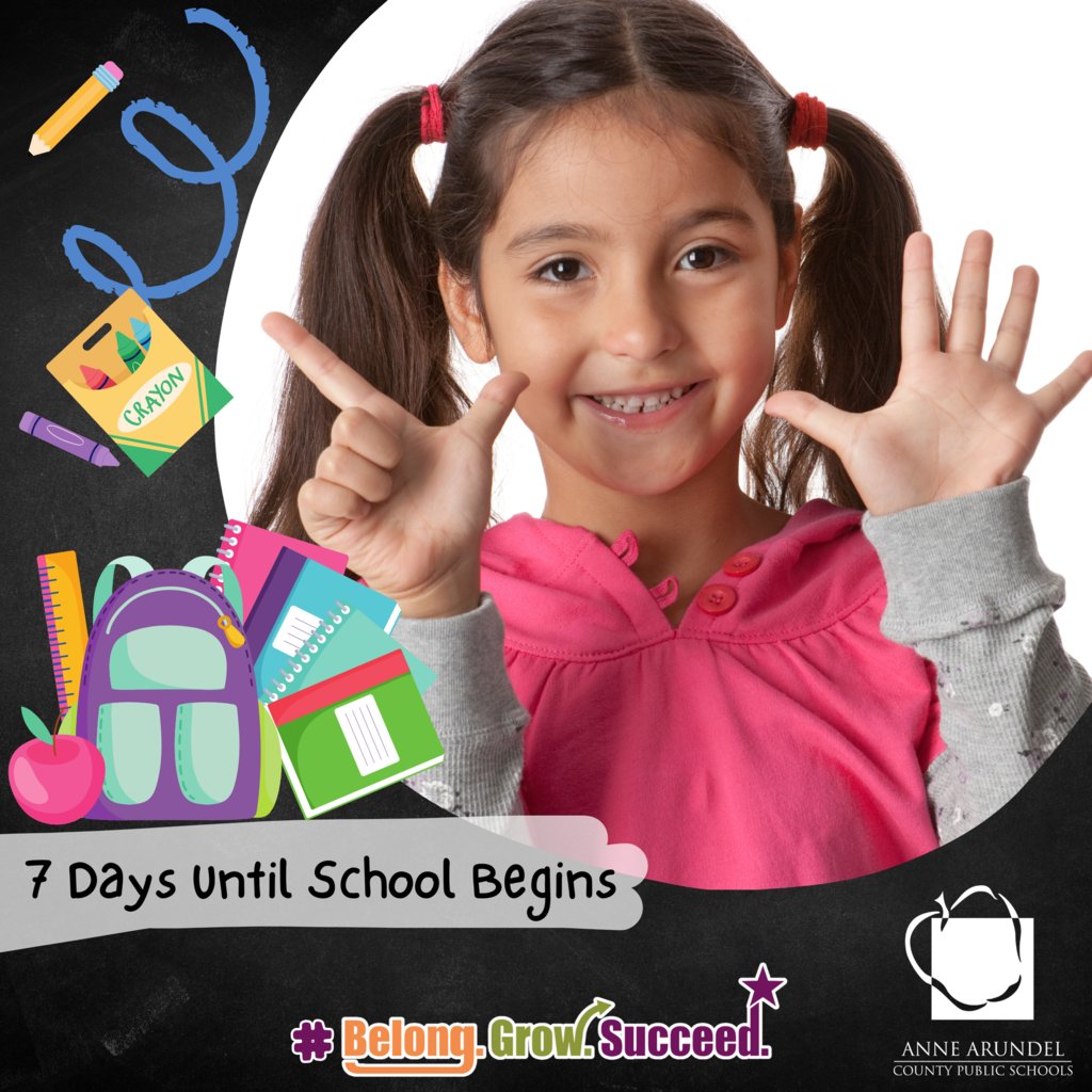 7 Days Until School Begins!
#BelongGrowSucceed

Have you applied for Free or Reduced-Price Meals yet? Apply today at aacps.org/mealapplication

Applications are due no later than October 8