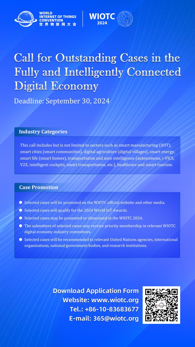 wiotc01's tweet photo. Calling for Outstanding Cases in the Fully and Intelligently Connected Digital Economy. Try to download the APPLICATION FORM. https://t.co/u5RdMbsG1W