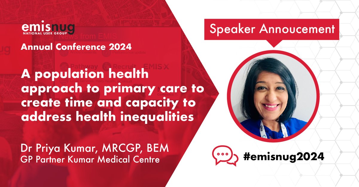 ANNOUNCEMENT 📣

We're delighted to confirm Dr Priya Kumar as our latest expert speaking at the EMIS Nug Conference.

"A population health approach to primary care to create time and capacity to address health inequalities." 

…nug-conference2024.eventreference.com/delegate

#GP #HealthCare
