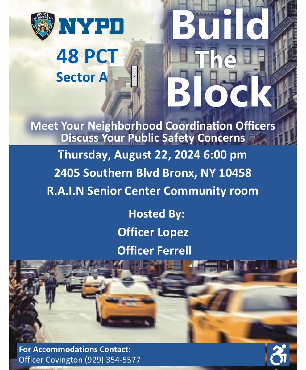 NYPD48Pct's tweet photo. Join sector A for their #BuildTheBlock meeting.
Date: 8/22/24
Time: 6 p.m.
Location: 2405 Southern Blvd https://t.co/DW08GnLLsV