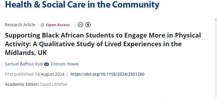 SamBKyei's tweet photo. I am excited to share that my research on supporting Black African international students in physical activity has been published! 🎉 
Access it here: https://t.co/kBwPimW6SL

#Research #PhysicalActivity #HigherEd https://t.co/1A7ctxvmHL