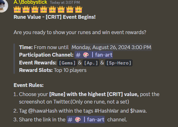 cipiforty's tweet photo. I LOVE HAWA! HAWA 万岁！

Finally a @hawaHash discord event for me! 
This time its a competition of the highest [CRIT] value of any [RUNE].  
Mines a v2 Bloody Blade with four stat line instead of six.  
49.6%
#HashWar $hawa 
#Airdrop #Web3Games 
#拿来吧你 https://t.co/3w51gHCAM5