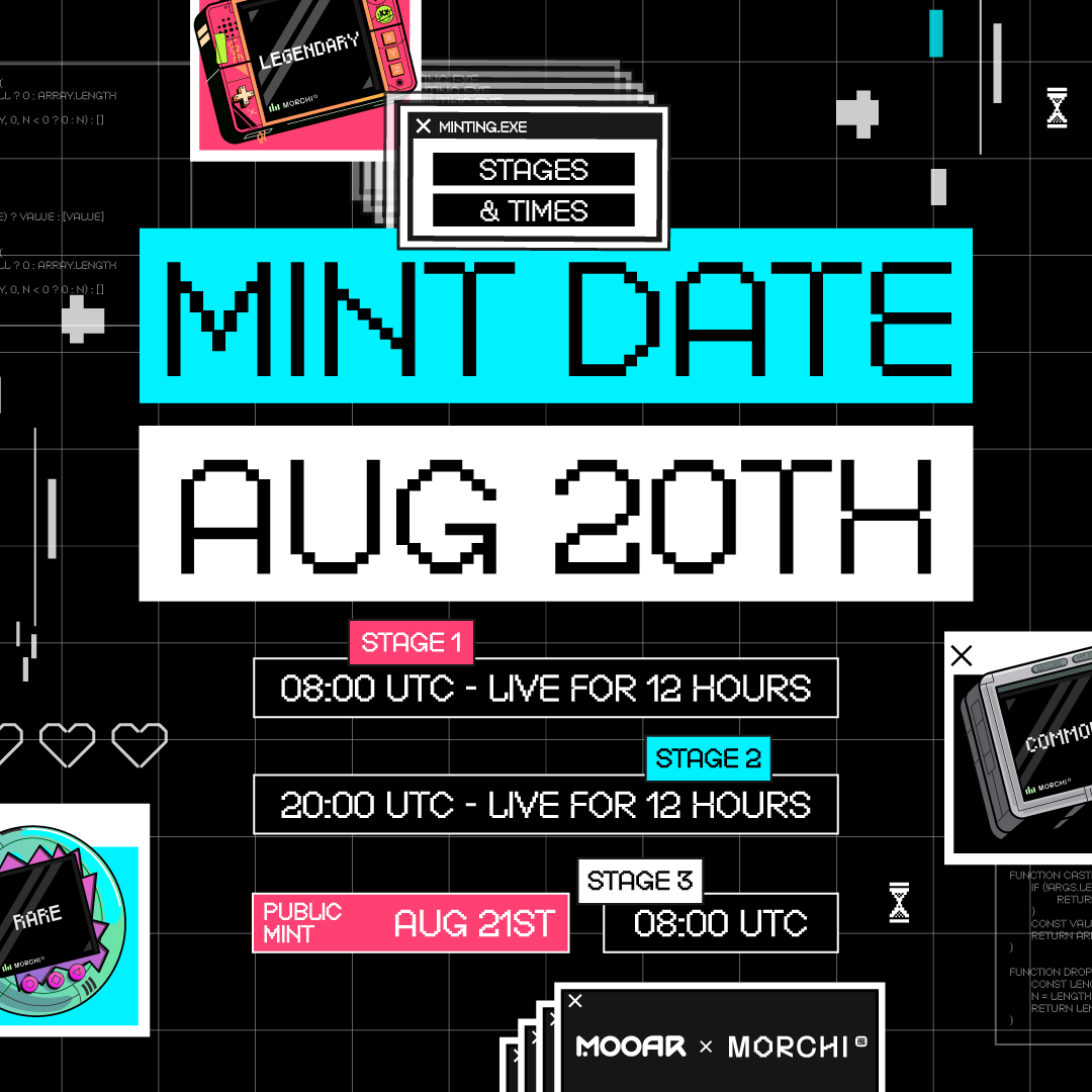 mooarofficial's tweet photo. 🚨 24 Hours Before Mint 🚨

Got your whitelist? Here’s what you need to know for tomorrow:

✅ Use your wallet address that was whitelisted to mint your MORCHI
✅ Visit https://t.co/2sUFOGynNI to check your mint stage and time 
✅ Minting will be on @0xPolygon 
✅ This is a FREE mint, but ensure you have enough funds for gas (MATIC)
✅ 1 MORCHI tapp per wallet
✅ You'll be directed to the dress-up page before minting your #MORCHI NFT, here you can customize your device.

⏰ Minting Stages and Times ⤵️

1️⃣ Stage 1: 08:00 am UTC, live for 12 hours (#MOOAR Raffle Winners and MOOAR partners WL)
2️⃣ Stage 2: 20:00 pm UTC, live for 12 hours (#GasHero and #STEPNGO Holders)
3️⃣ Stage 3: August 21st, 08:00 am UTC, live until minted out (Public)

🚨 First come, First serve! We have a limited amount of WL available. Ensure to claim your MORCHI tapp before we run out. 

Set your alarms and get ready for hot kitty summer 😎