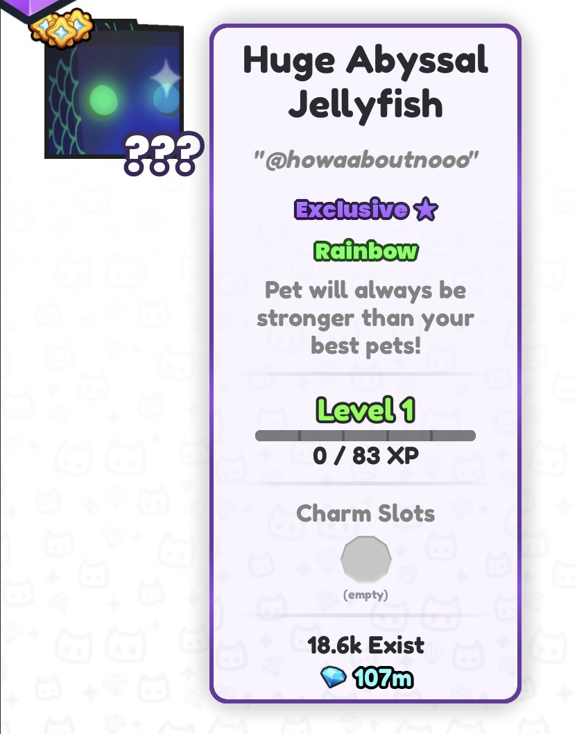 🎉 DAILY GIVEAWAYS - Day 251 🎉
🔥 Rainbow HUGE Abyssal Jellyfish! 🔥

Requirements:
🤝 follow me &amp; <a href="/Noisy_120/">Noisy</a> 
❤️ &amp; 🔁 like &amp; RT
💬 reply w/ ur username

giveaway ends in 3 days! good luck! 🔥
#PetSimulator99 #PetSim99 #PetSim #PS99 #PetSimulator #PetSimulator99Giveaways