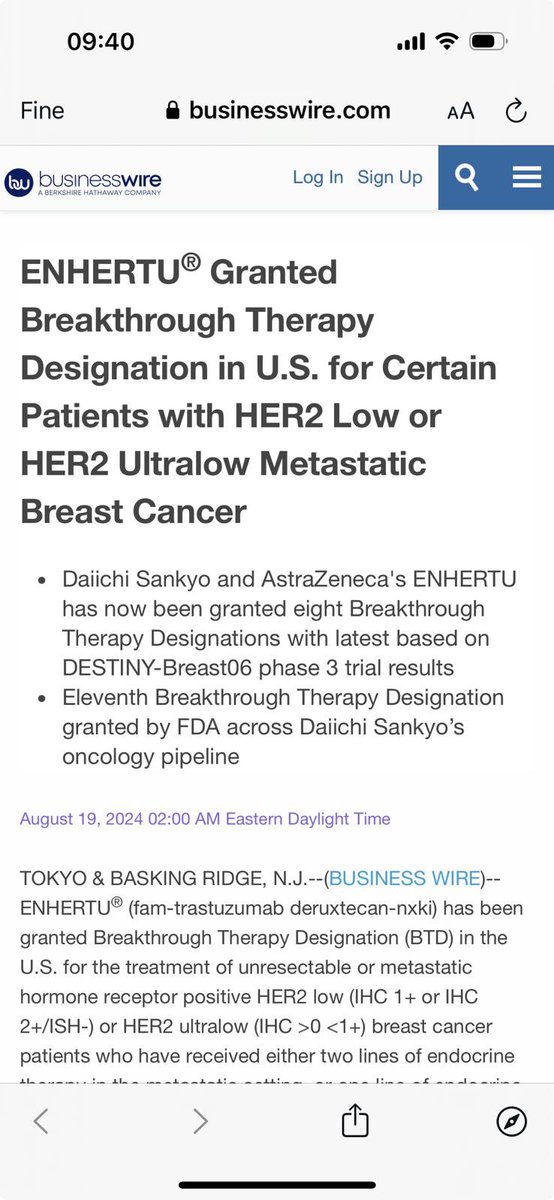 Trastuzumab deturuxtecan has been granted Breakthrough Therapy Designation (BTD) in the U.S. for the treatment of unresectable or metastatic hormone receptor positive HER2 low or HER2 ultralow (IHC >0 <1+) breast cancer patients who never received CT according to DESTINY 06 study