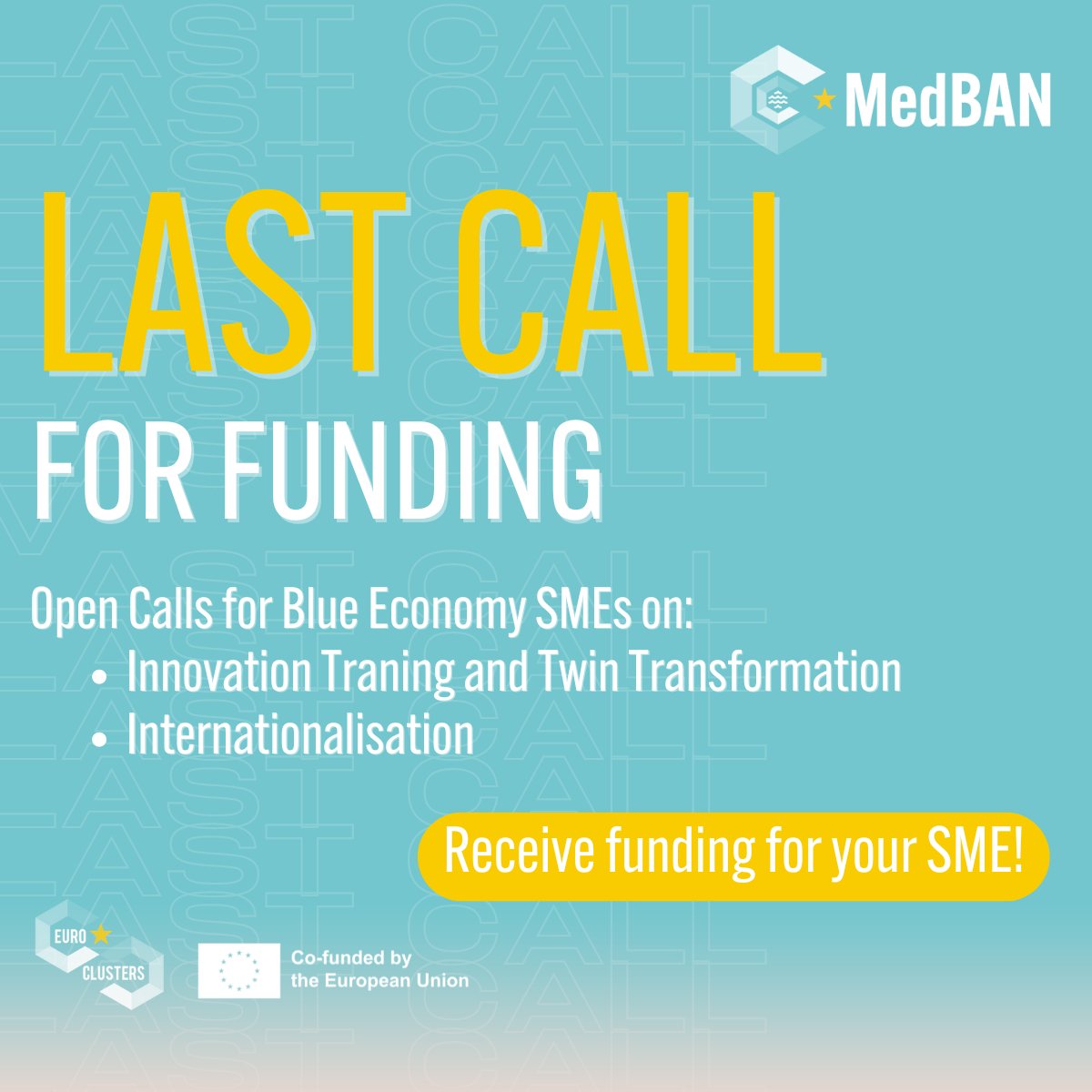 ⏳ You can apply for the #OpenCalls for #funding issued by #MedBAN for #BlueEconomy SMEs till August 26th! 

Apply now:
➡️ Internationalisation in the Blue Economy: tinyurl.com/42p32mrr 
➡️ Innovation, Training and Twin Transition in the Blue Economy: tinyurl.com/yn2rkyes