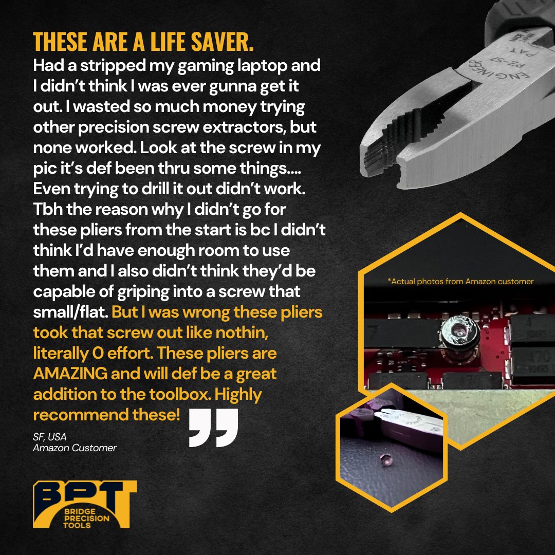 BridgePrecision's tweet photo. Struggling with stripped screws on your gaming laptop? No worries! Our PZ-57 Mini Screw Removal Pliers come to the rescue, just like they did for this satisfied customer.  https://t.co/nCVwYbW8a4
Amazon: https://t.co/bbyz9z3jIr 
#tools #minitools #electronics #electronicsrepair https://t.co/907IryyiqD