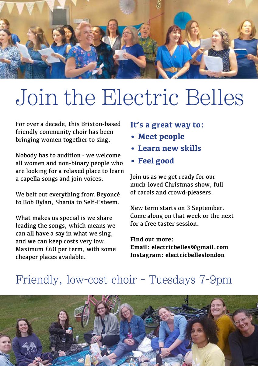 electricbelles's tweet photo. Our new term and new venue…your new hobby?

Join the Electric Belles for their Christmas term from Tues 3rd September at Studio Z in Brixton. 

Email us: electricbelles@gmail.com https://t.co/G1RFqj9Hab