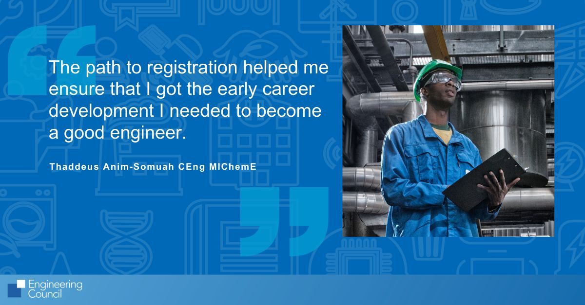 EngCouncil's tweet photo. Thaddeus Anim-Somuah CEng MIChemE highlights the benefits of registration, stating that it facilitated his early career development as an engineer. Following registration, he received increased responsibilities due to his enhanced skills: https://t.co/6Xg7GQFbCM
@IChemE
#CEng https://t.co/auFELyTgau