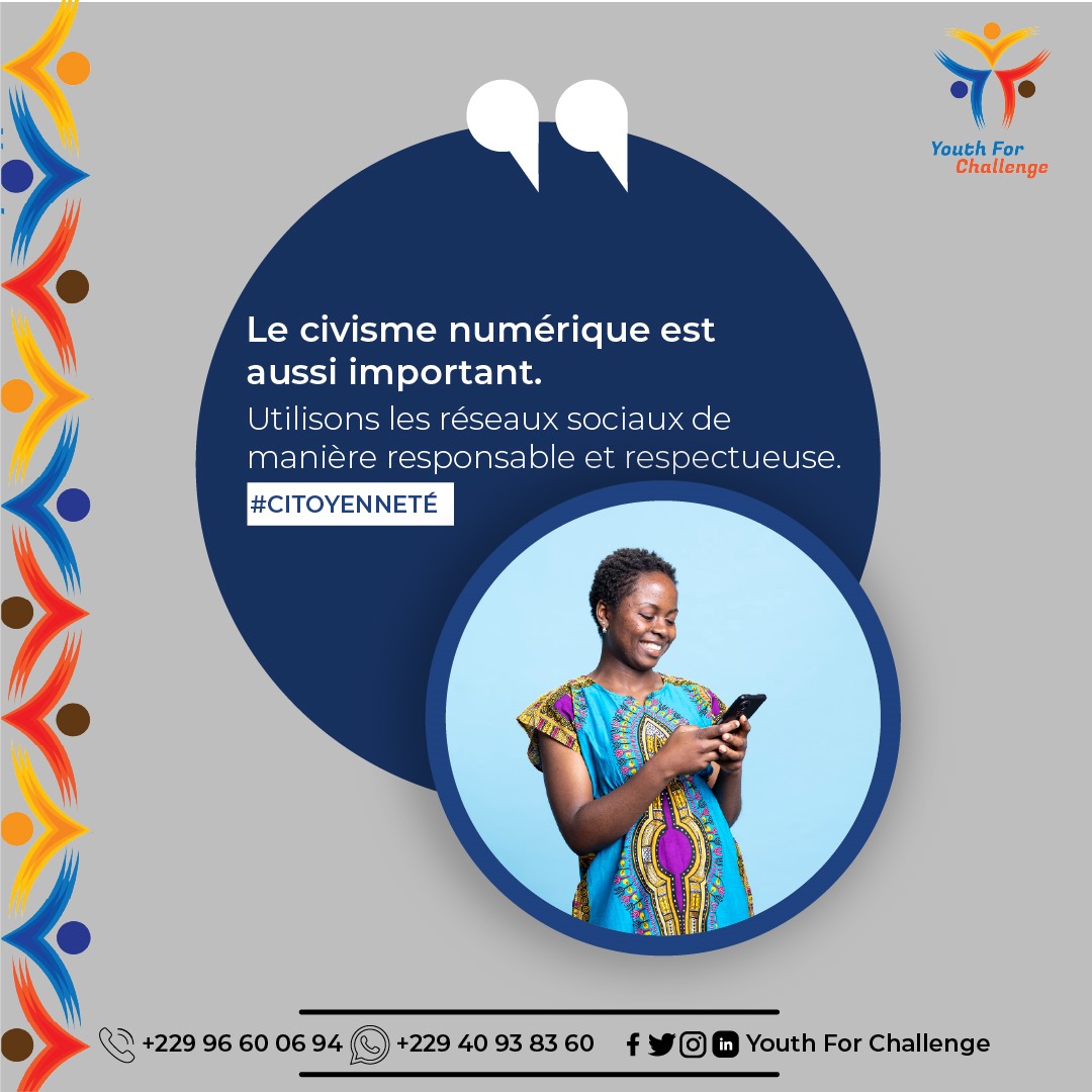 Youth4Challenge's tweet photo. Le civisme numérique fait référence aux règles de conduite que nous devons observer lorsque nous interagissons sur les plateformes numériques, comme les réseaux sociaux.

Nouvelle semaine, nouveaux gestes citoyens à poser ✊💪.

#youthforchallenge
#citoyenneté
#engagement https://t.co/7k7biSHzBz