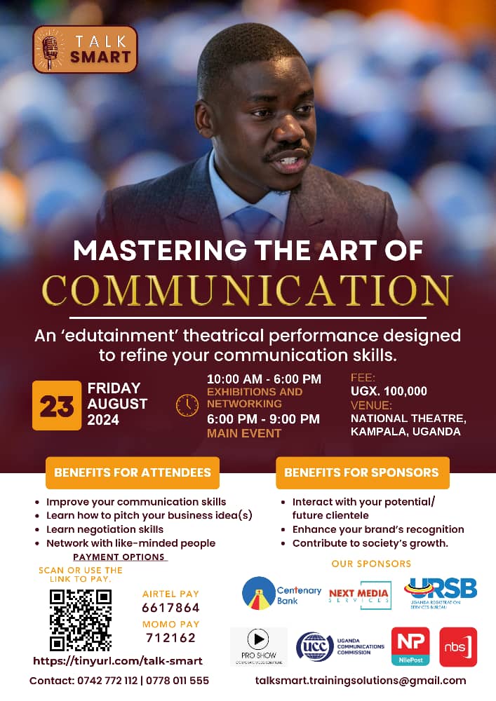 nbstv's tweet photo. This Friday, unlock the power of effective communication at the National Theatre. 
Learn, network, and grow your skills in a unique theatrical setting with @PaulKavuma1, Director of Talk Smart Uganda.

#TalkSmart #NBSUpdates https://t.co/yISJvbRrK4