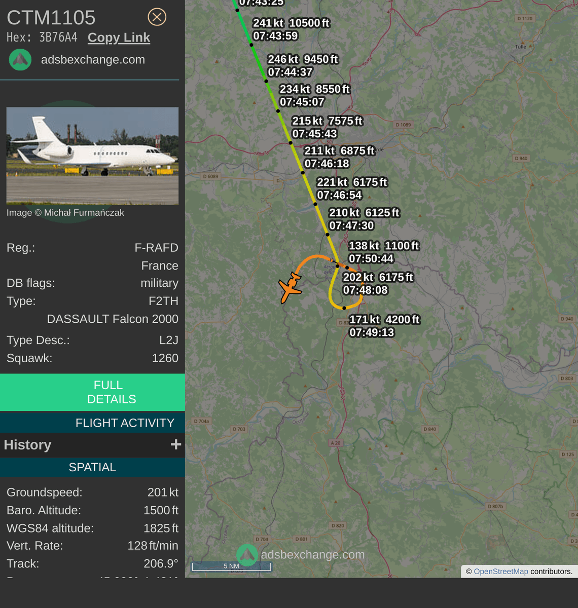 FlottePresident's tweet photo. 🛫 Un Dassault Falcon 2000LX 🇫🇷 République Française vient de décoller près de Brive la Gaillarde, France.
Vol #CTM1105, immatriculation #FRAFD.
Suivre le vol : https://t.co/bYrQZfyDLw https://t.co/cIXrtvTIq9