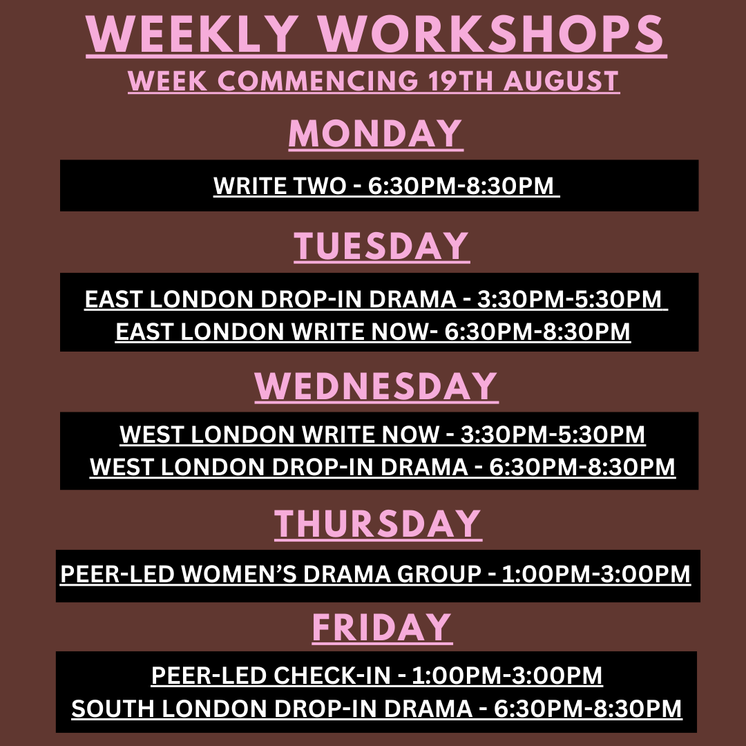 OutsideTheatre's tweet photo. OETC's schedule for w/c 19th August.
New to OE? Sign up using the link in bio.🔗
We'd be delighted to see you this week.
#TheatreWorkshops #LondonTheatre #PerformingRecovery #DramaClass #FreeActivity #AddictionSupport #SoberCommunity #Writingworkshop #freedrama https://t.co/9DqYR4VN4q
