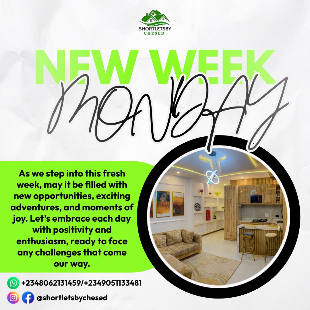 chesedshortlets's tweet image. #newweek
Welcome to a new week of possibilities
As you start this week, embrace the fresh start and let each day be an opportunity to explore, create, and relax.

#shortletsbychesed #chesedhomes #shortletslekki #shortletsapartmentinlekki #weekendgetaway #explorepage